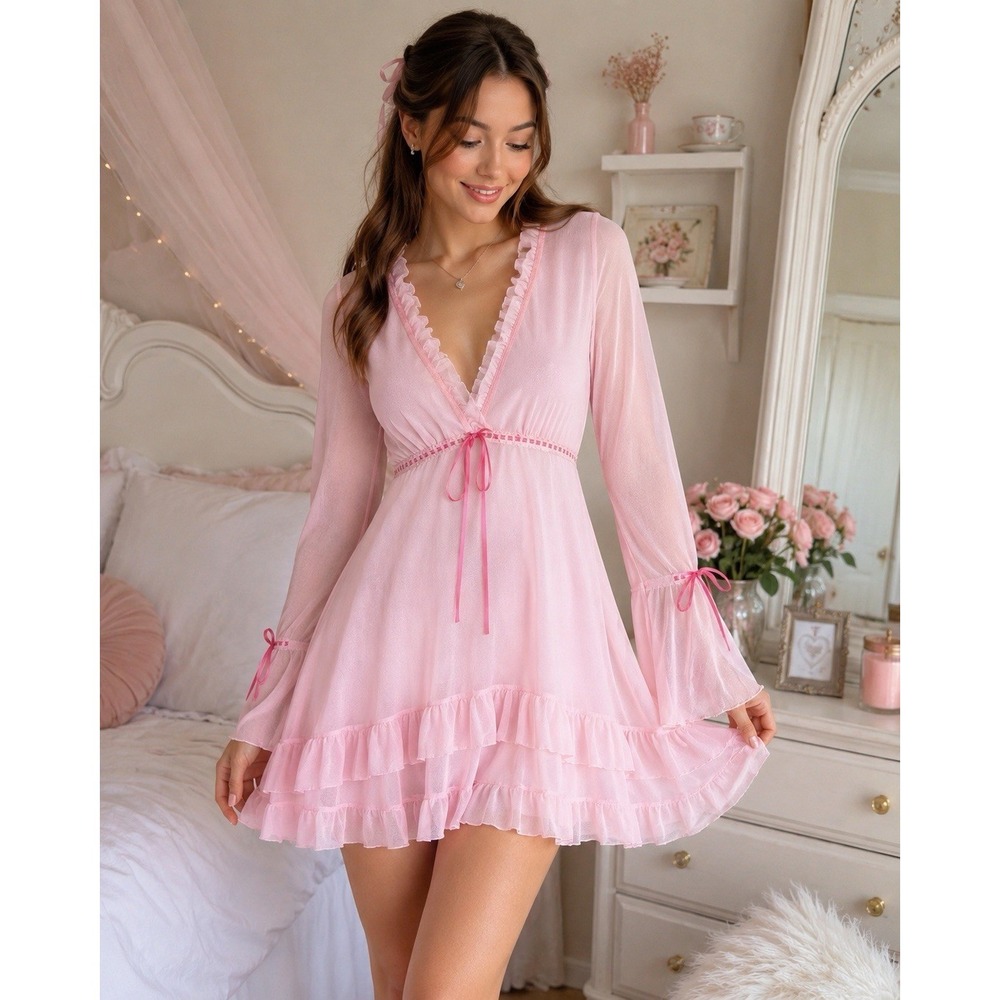 Pink Mesh Babydoll Chemise L Sheer Ruffle Fairycore Bell Sleeve Coquette Boudoir